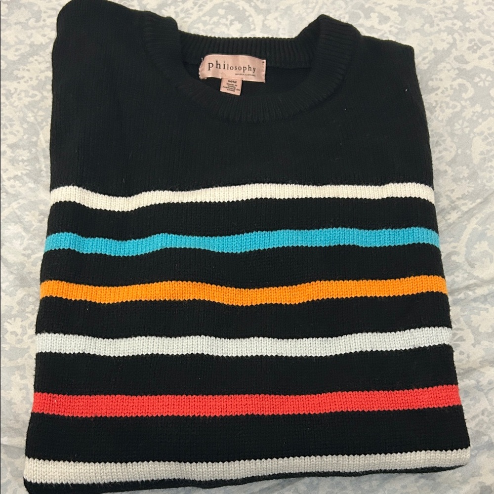 Philosophy Black Sweater with Blue and Orange Stripes